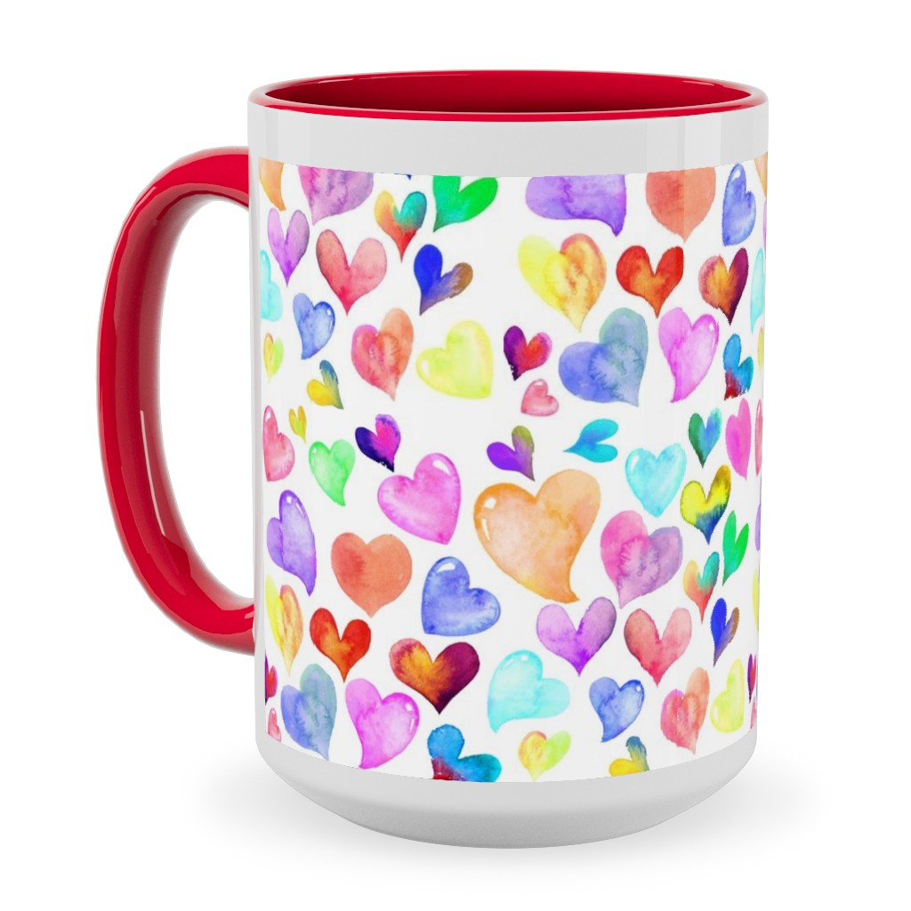 Colorful Watercolor Hearts - Multi on White Ceramic Mug, Red, , 15oz, Multicolor