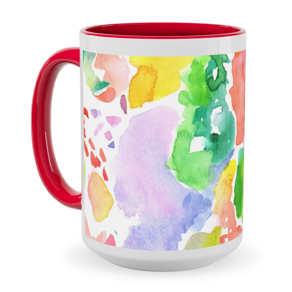 Happy Abstract Watercolor Ceramic Mug, Red, , 15oz, Multicolor, Bright Coral