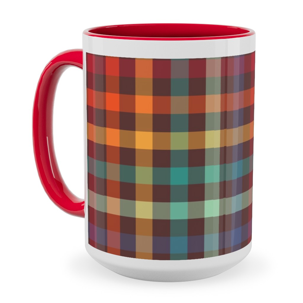 Retro Rainbow Plaid Ceramic Mug, Red,  , 15oz, Multicolor