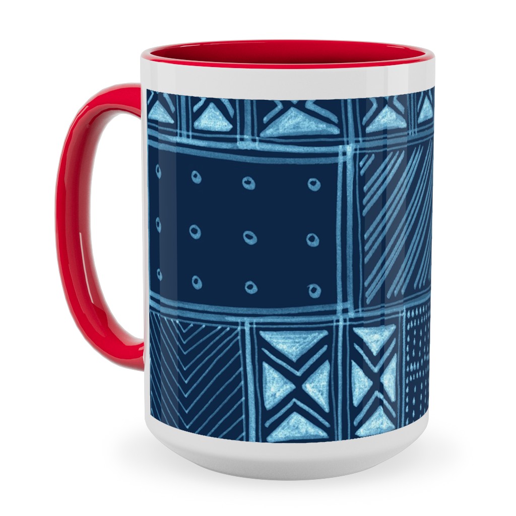 African Tribal Mud Cloth - Indigo Ceramic Mug, Red, , 15oz, Blue, True Blue