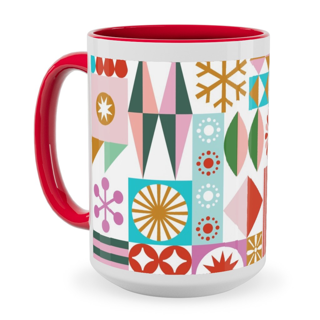 Santa's Workshop Geometric Stars Snowflakes Grid Holiday Stripes - Multi Ceramic Mug, Red, , 15oz, Multicolor