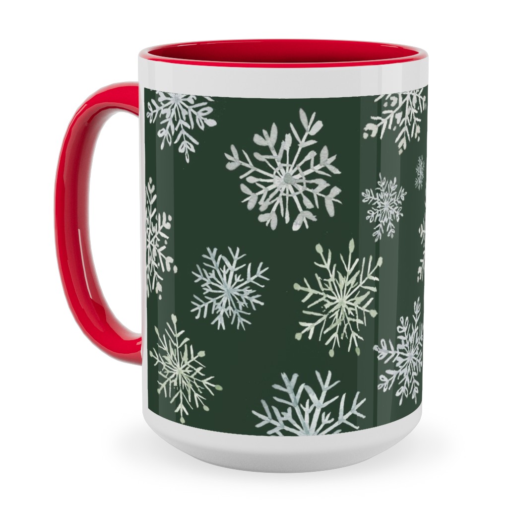 Lace Snowflakes on Hunter Green Ceramic Mug, Red, , 15oz, Green, Classic Green