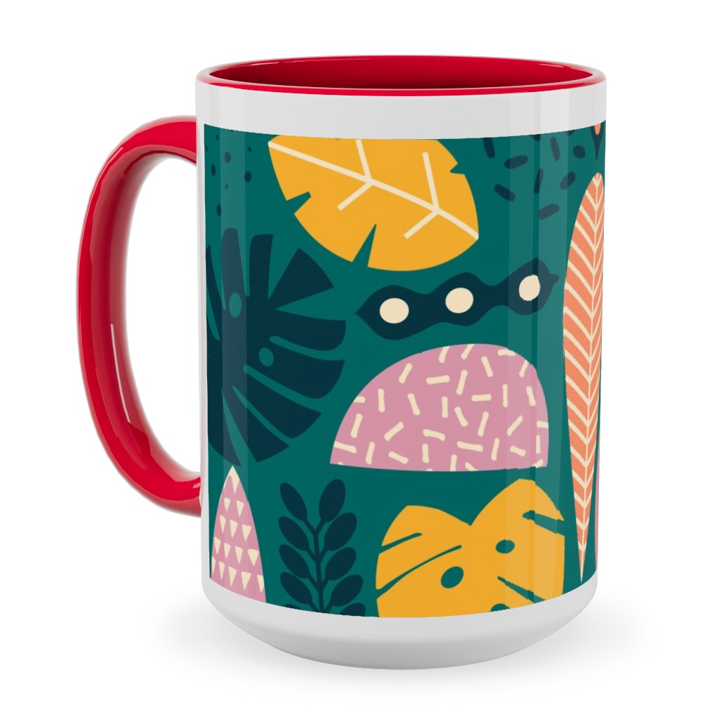 Retro Tropical Pattern Ceramic Mug, Red, , 15oz, Multicolor, Seaweed