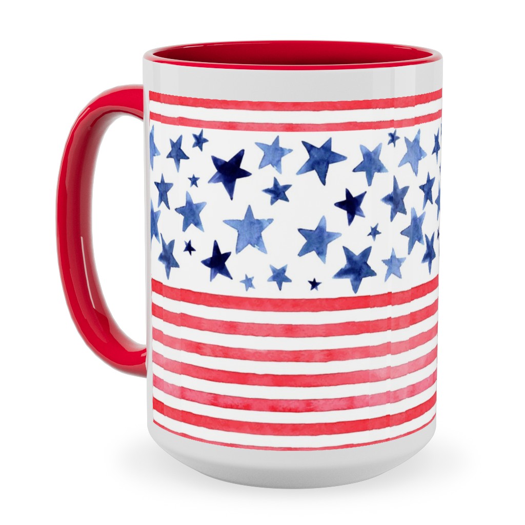 Watercolor Stars and Stripes - Red White and Blue Ceramic Mug, Red, , 15oz, Red, Red