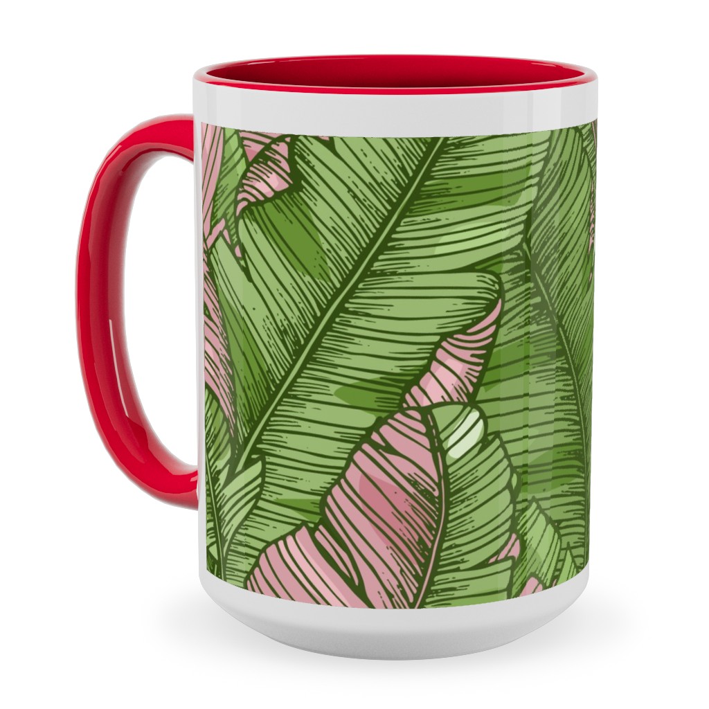 Banana Leaf - Pink Ceramic Mug, Red, , 15oz, Green, Classic Green