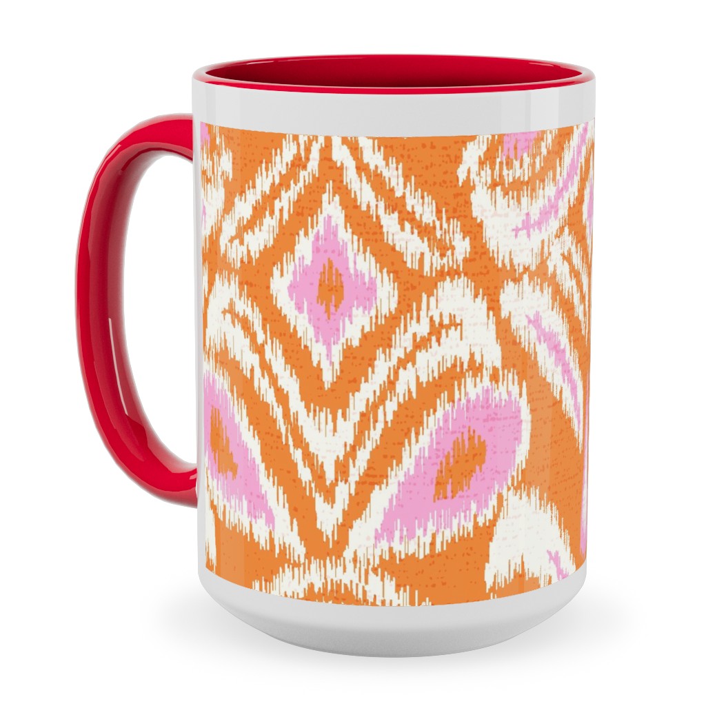 Ikat Flower - Orange and Pink Ceramic Mug, Red,  , 15oz, Orange