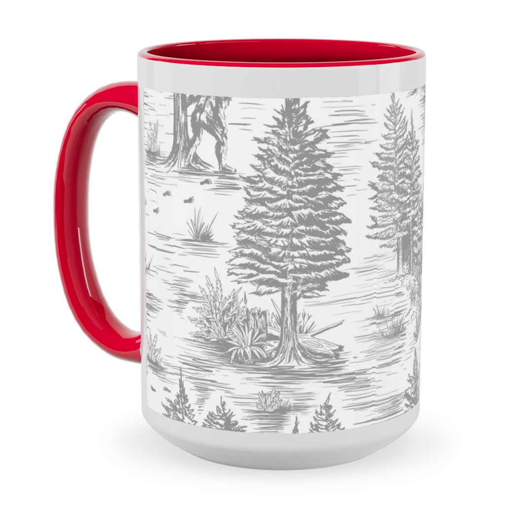 Bigfoot Sasquatch Toile De Jouy Ceramic Mug, Red,  , 15oz, Gray