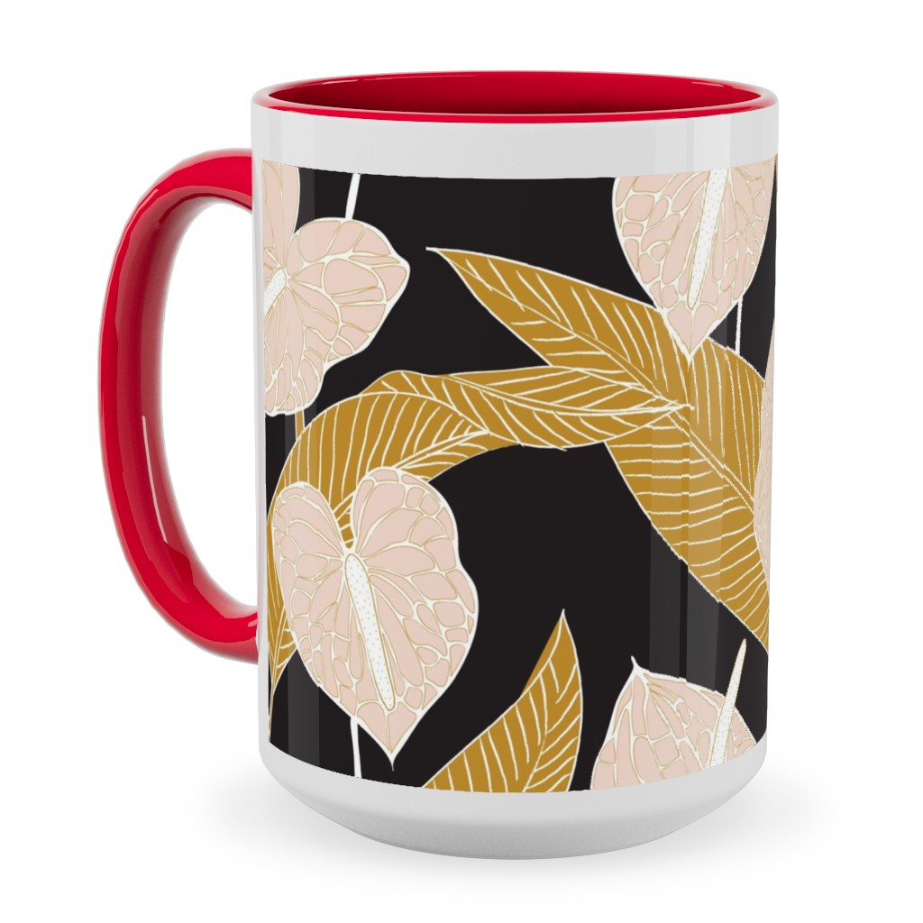 Art Nouveau Anthuriums - Black Mustard and Pale Peach Ceramic Mug, Red, , 15oz, Multicolor