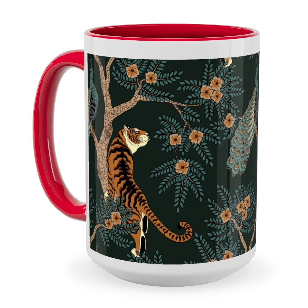 Tiger and Peacock - Black Ceramic Mug, Red, , 15oz, Black, Black