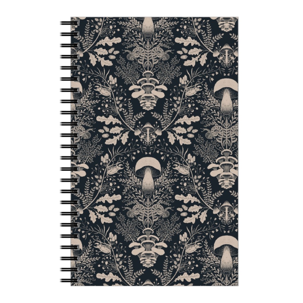 Mushroom Forest Damask Notebook, 5x8, Black, Black