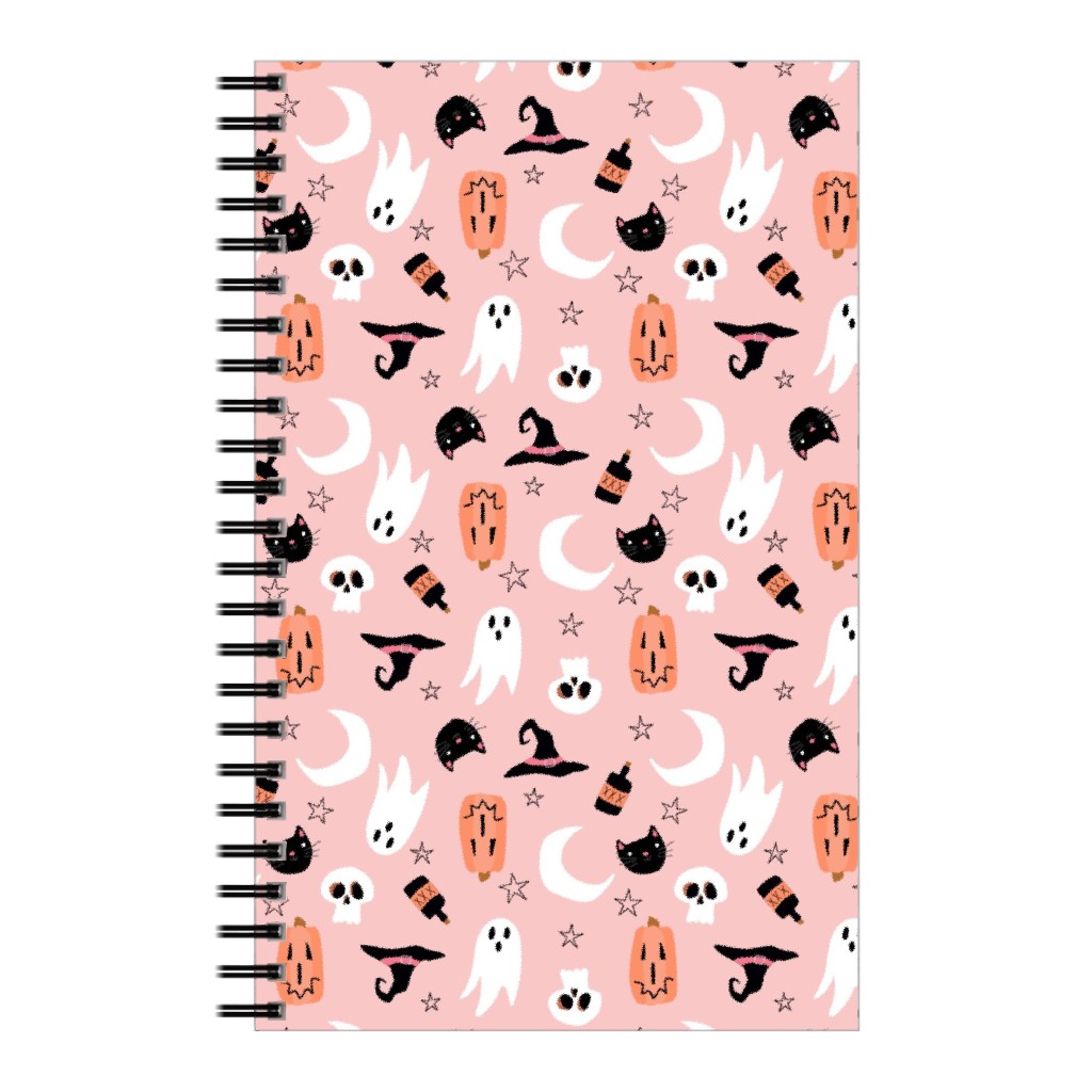 Sweet Halloween - Pumpkin, Witch, Ghost, & Cat - Pink Notebook, 5x8, Pink