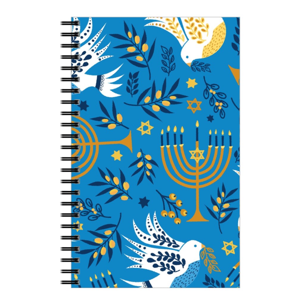 Hanukkah Birds Menorahs - Light Blue Notebook, 5x8, Blue, True Blue