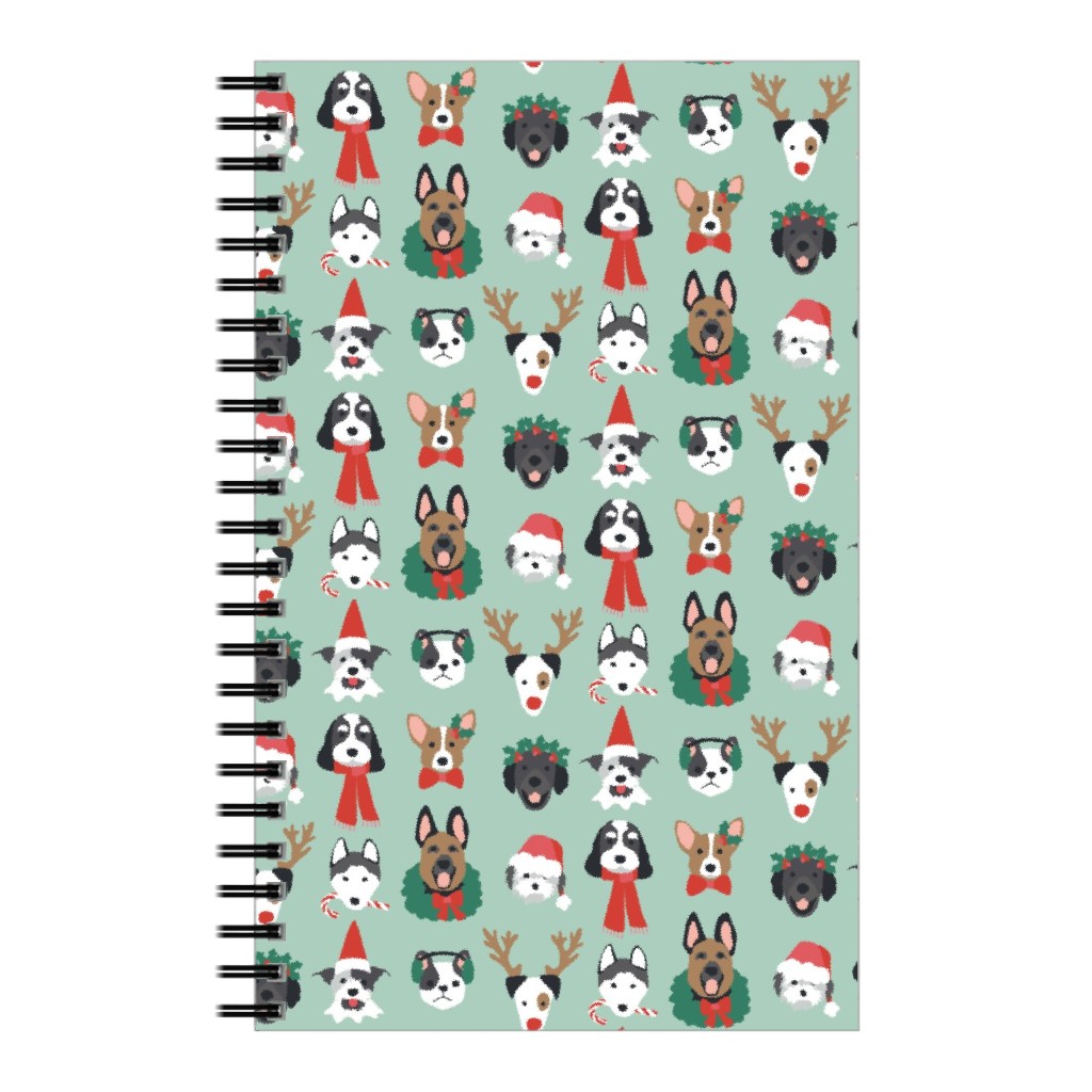 Christmas Holiday Puppy Dogs - Green Notebook, 5x8, Green