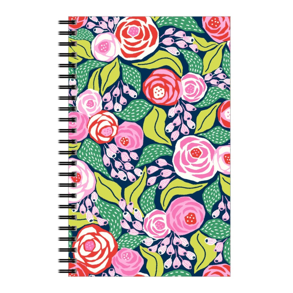 Colourful Papercut Roses - Pink on Dark Blue Notebook, 5x8, Pink