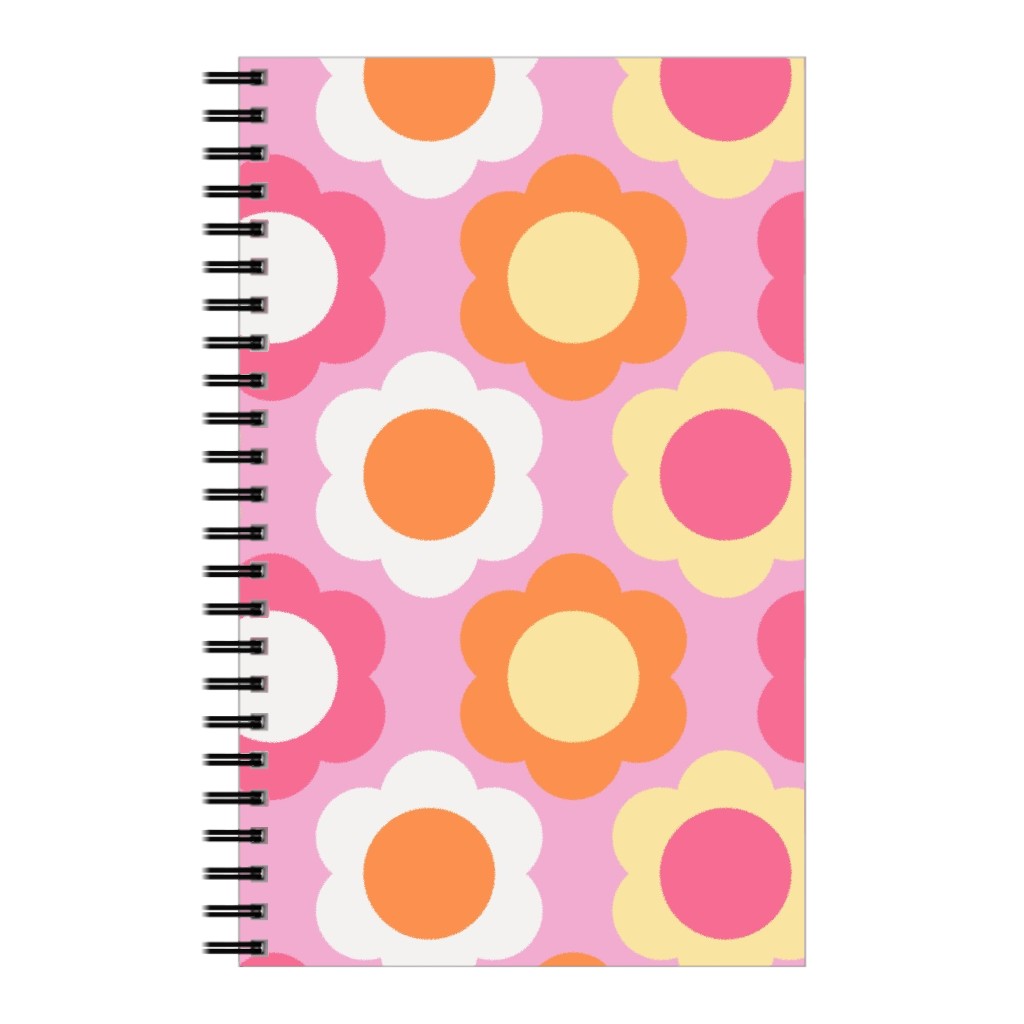 Retro Geometric Flowers - Pink and Orange Notebook, 5x8, Pink, Bright Pink