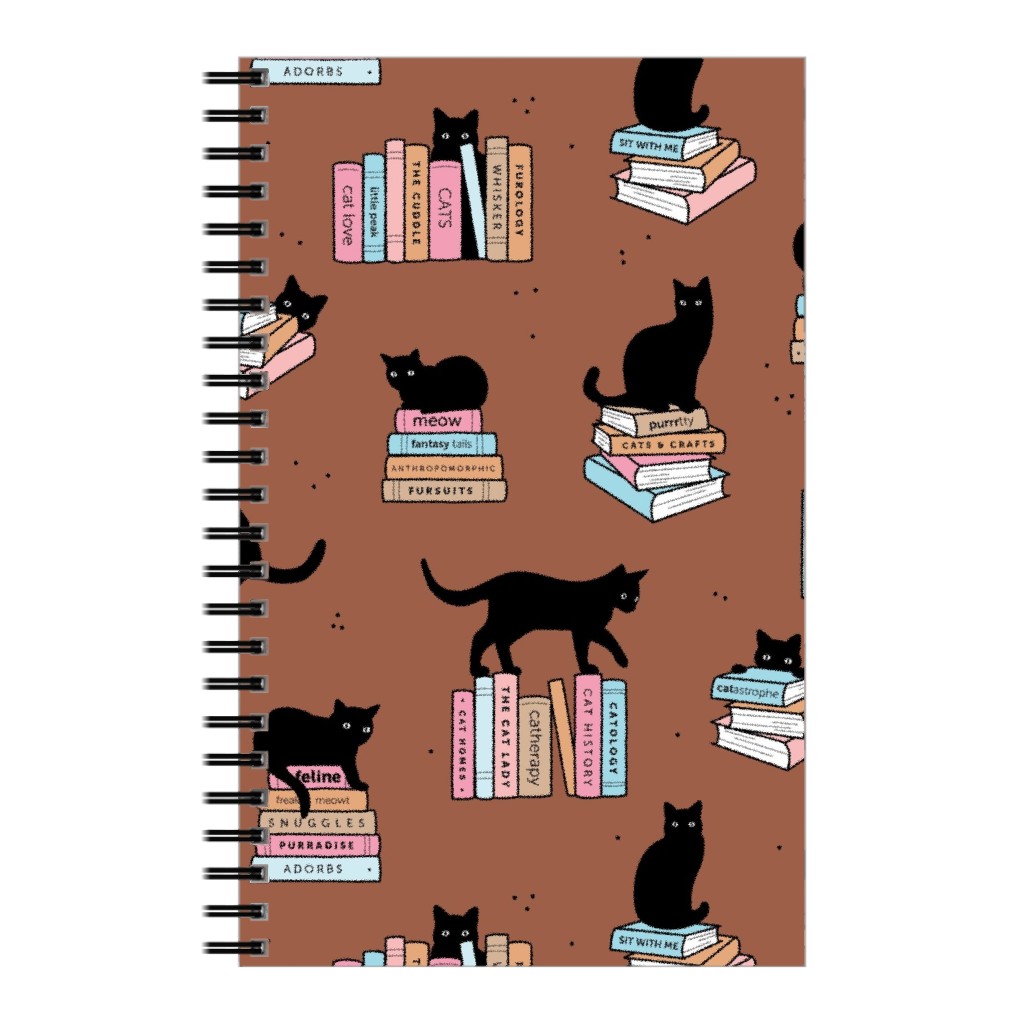 Cats and Books Notebook, 5x8, Brown, Sienna Brown