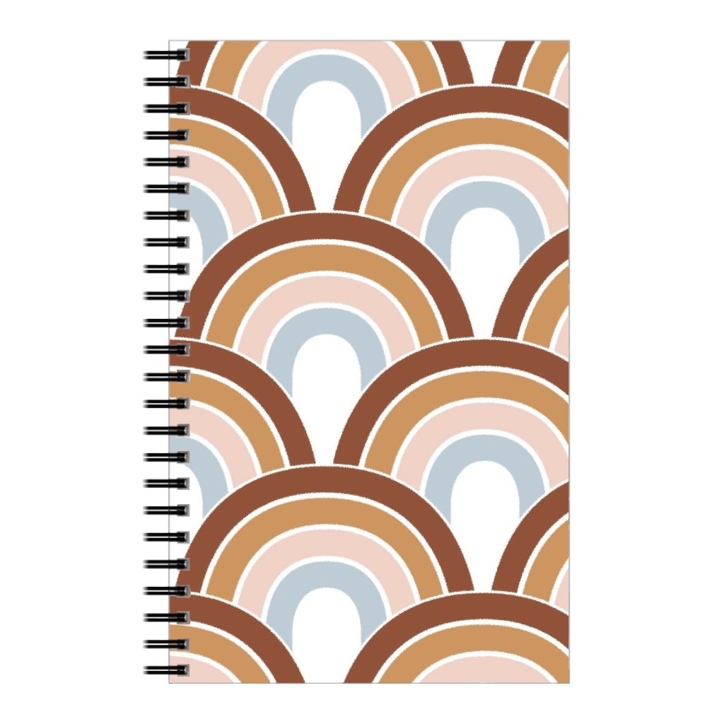 Retro Rainbow Waves - Scales and Curves - Rust Beige Blush Blue on White Notebook, 5x8, Orange
