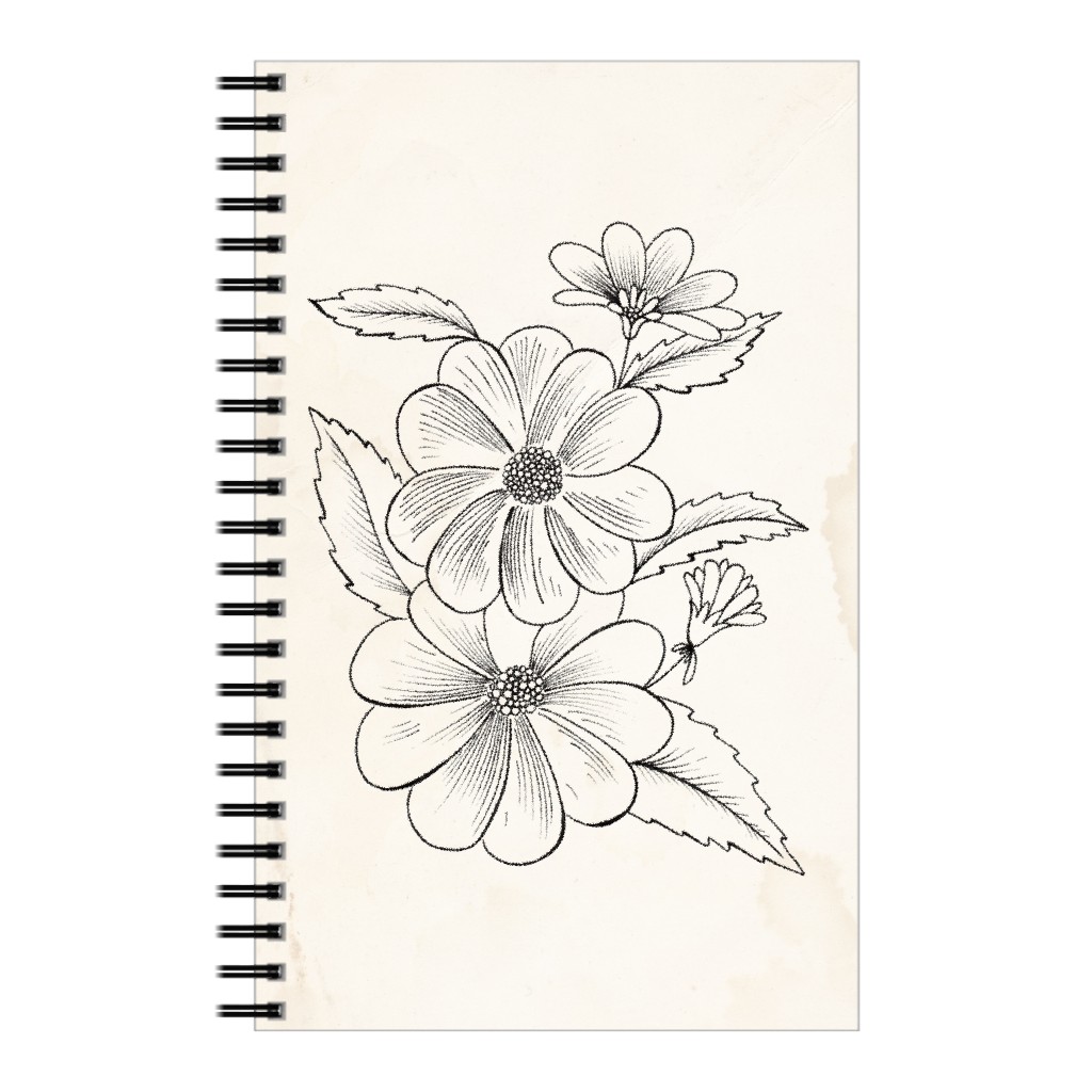 Vintage Flower Sketch - Beige and Black Notebook, 5x8, Beige
