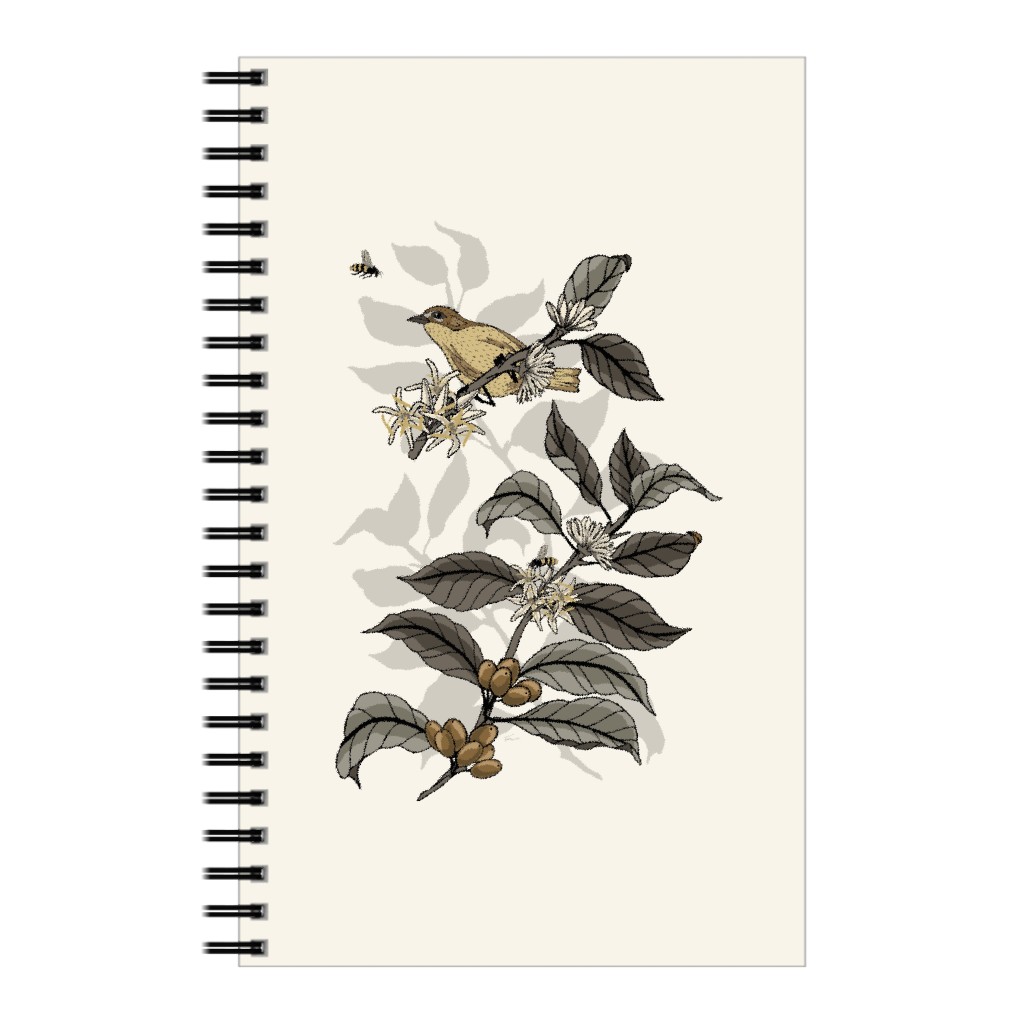 Coffee Plant, Bird, and Bee - Neutral Notebook, 5x8, Beige, Pearl
