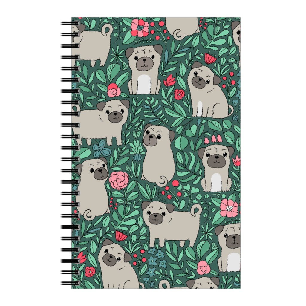 Cute Pugs and Flowers - Multicolor Notebook, 5x8, Green, Classic Green