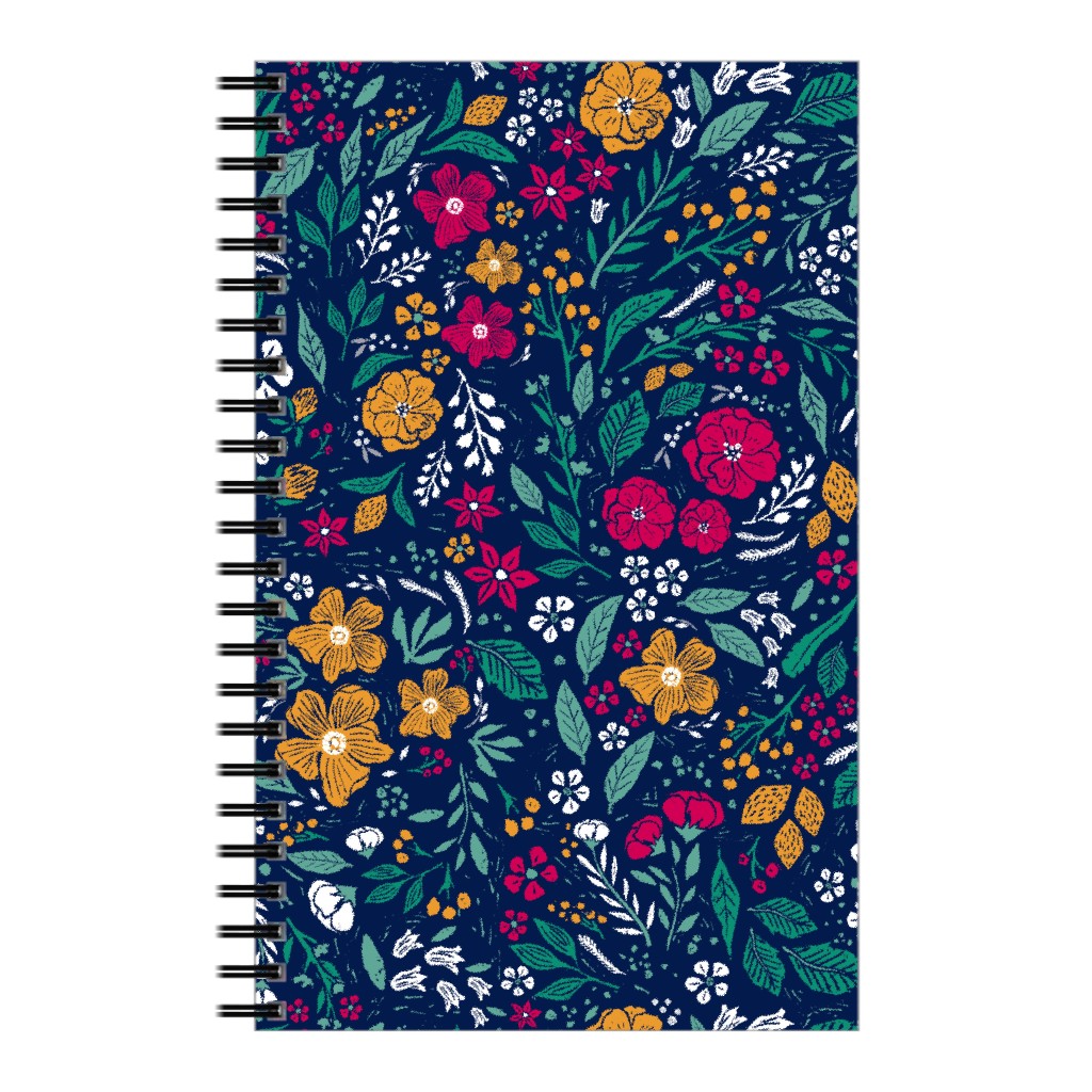 Block Print Botanical - Multi on Navy Notebook, 5x8, Multicolor
