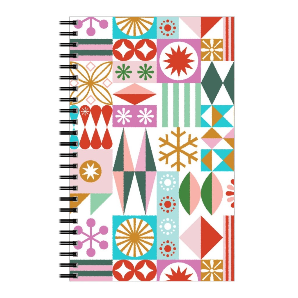 Santa's Workshop Geometric Stars Snowflakes Grid Holiday Stripes - Multi Notebook, 5x8, Multicolor