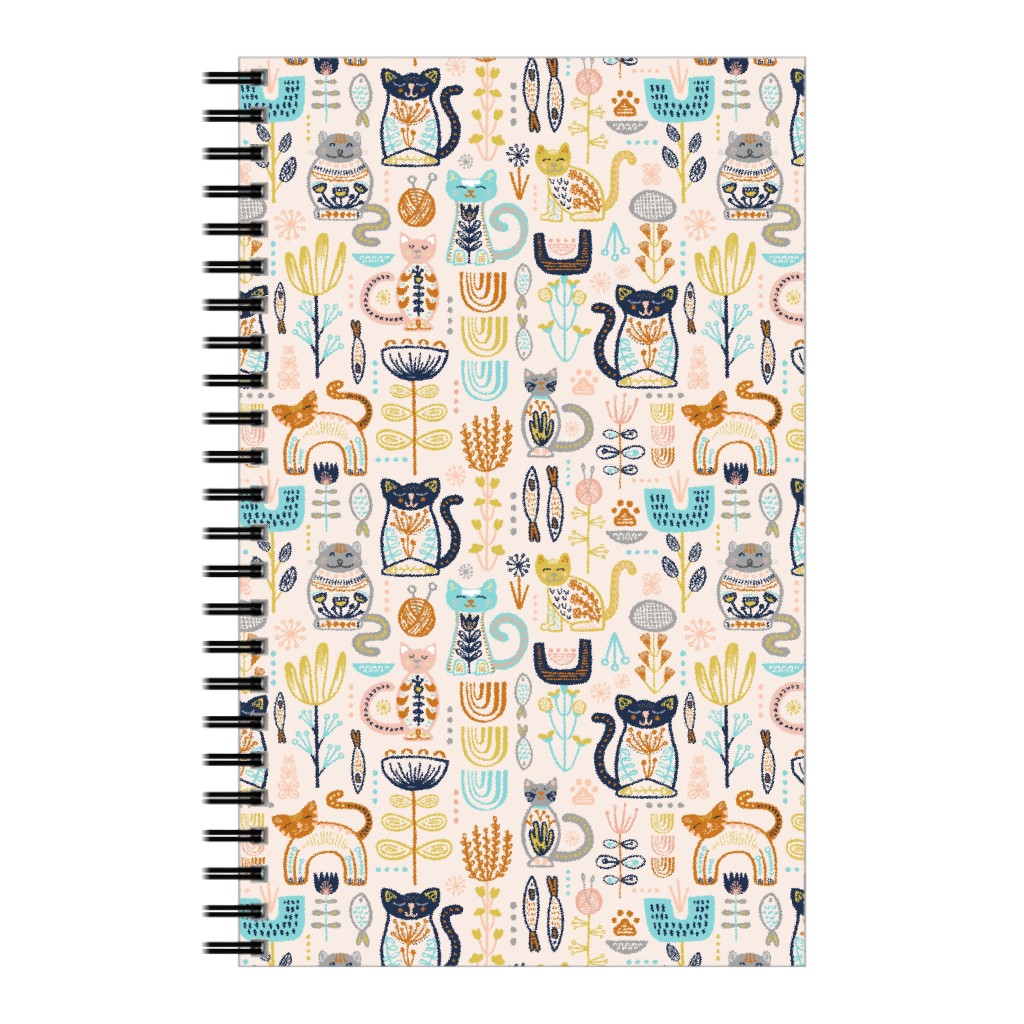 Sweet Scandi Cats, Felines & Florals - Blush, Copper, Goldenrod, Pool Blue, Navy & Stone Notebook, 5x8, Multicolor