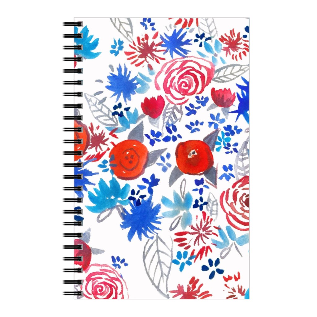 Patriotic Watercolor Floral - Red White and Blue Notebook, 5x8, Multicolor