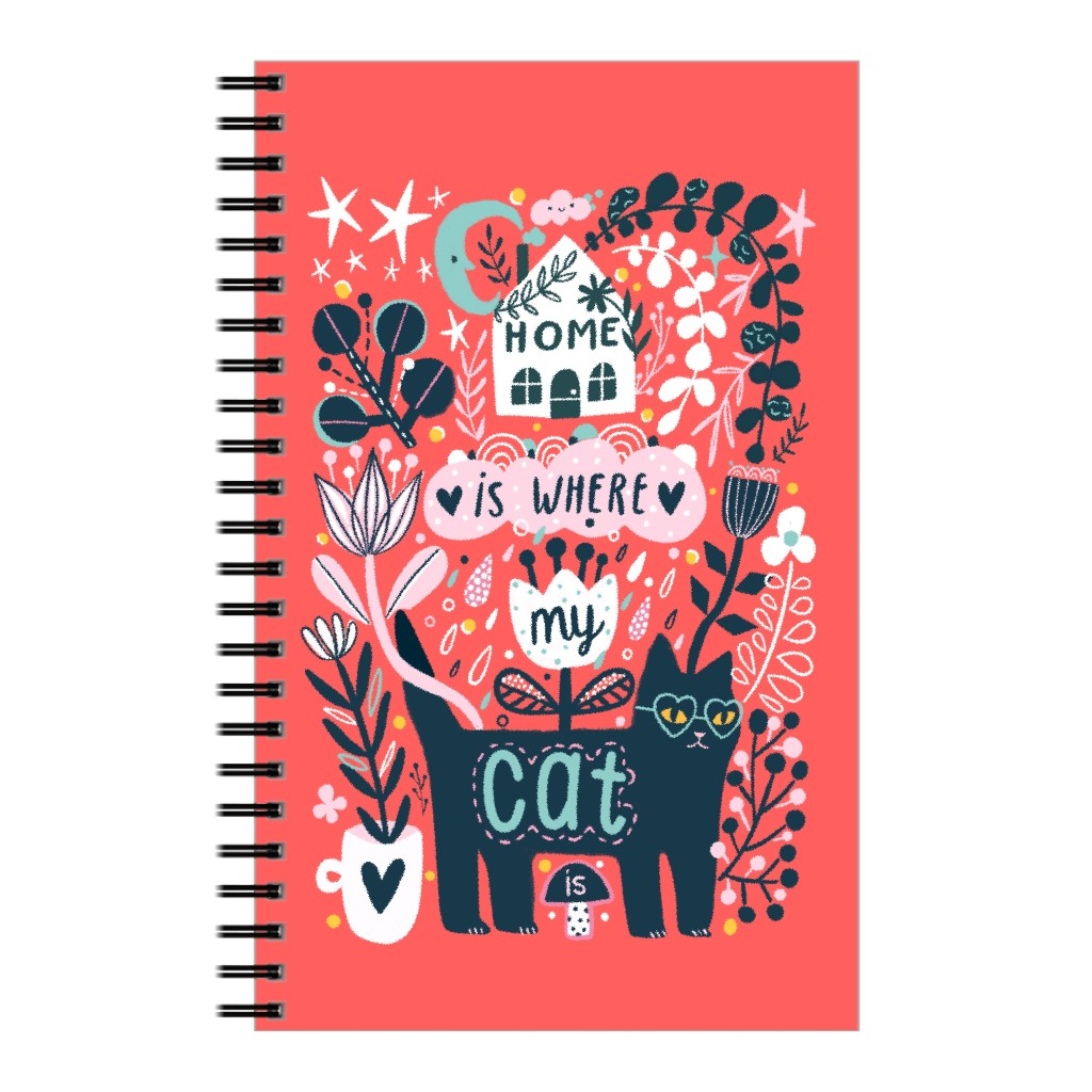 Home Is Where My Cat Is - Flowers & Black Cat Notebook, 5x8, Pink