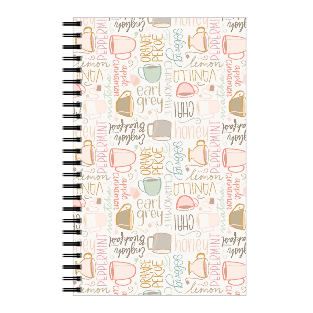 Tea Party - Handlettered Types of Tea With Teacups Notebook, 5x8, Multicolor