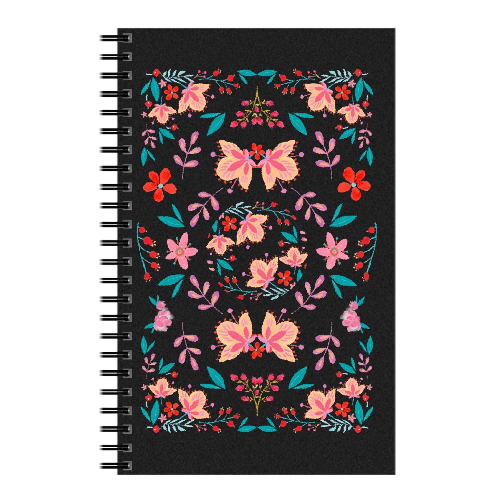 Pink Flora Folk Art on Black Notebook, 5x8, Multicolor