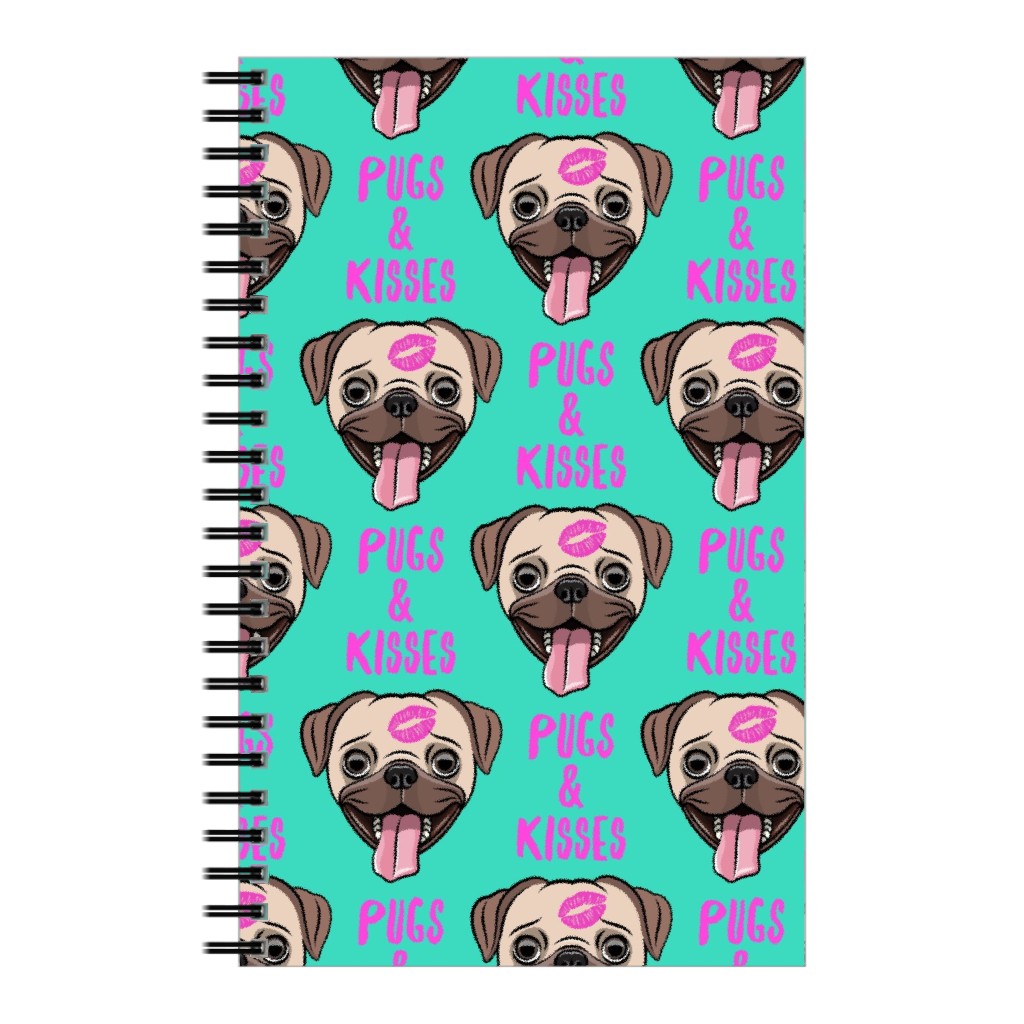 Pugs & Kisses - Cute Pug Dog - Teal Notebook, 5x8, Green