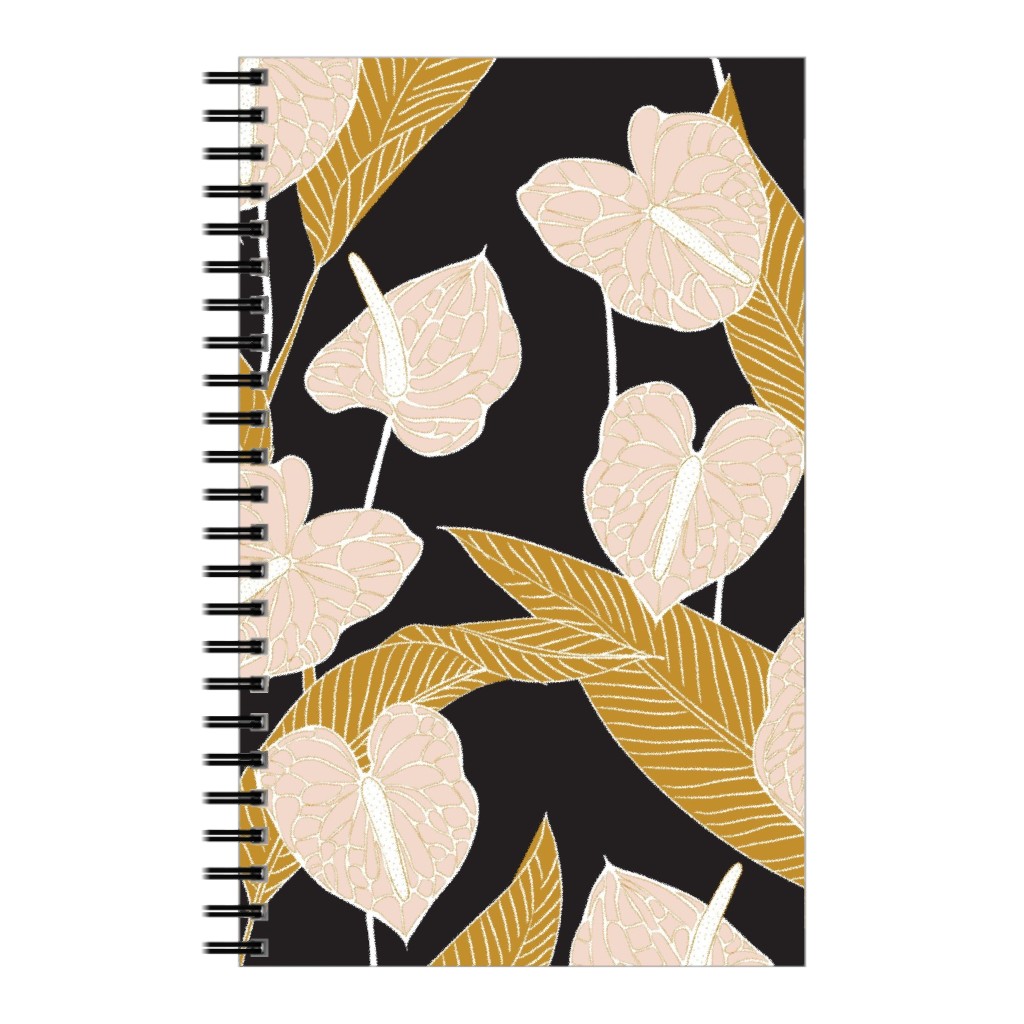 Art Nouveau Anthuriums - Black Mustard and Pale Peach Notebook, 5x8, Multicolor
