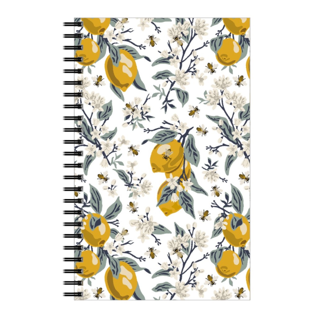 Bees & Lemons - White Notebook, 5x8, Yellow