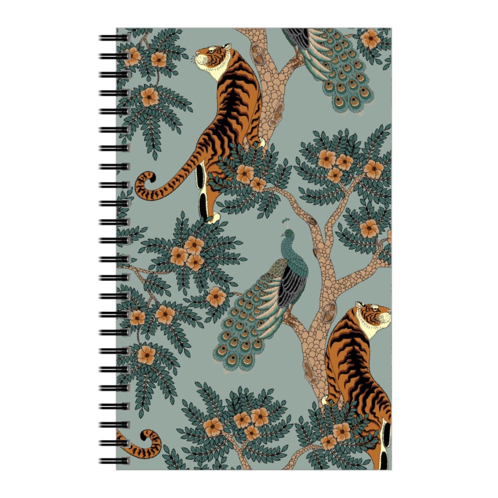 Tiger and Peacock - Blue Notebook, 5x8, Blue