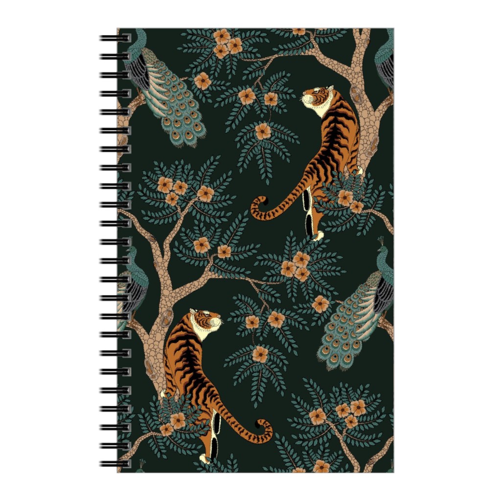 Tiger and Peacock - Black Notebook, 5x8, Black