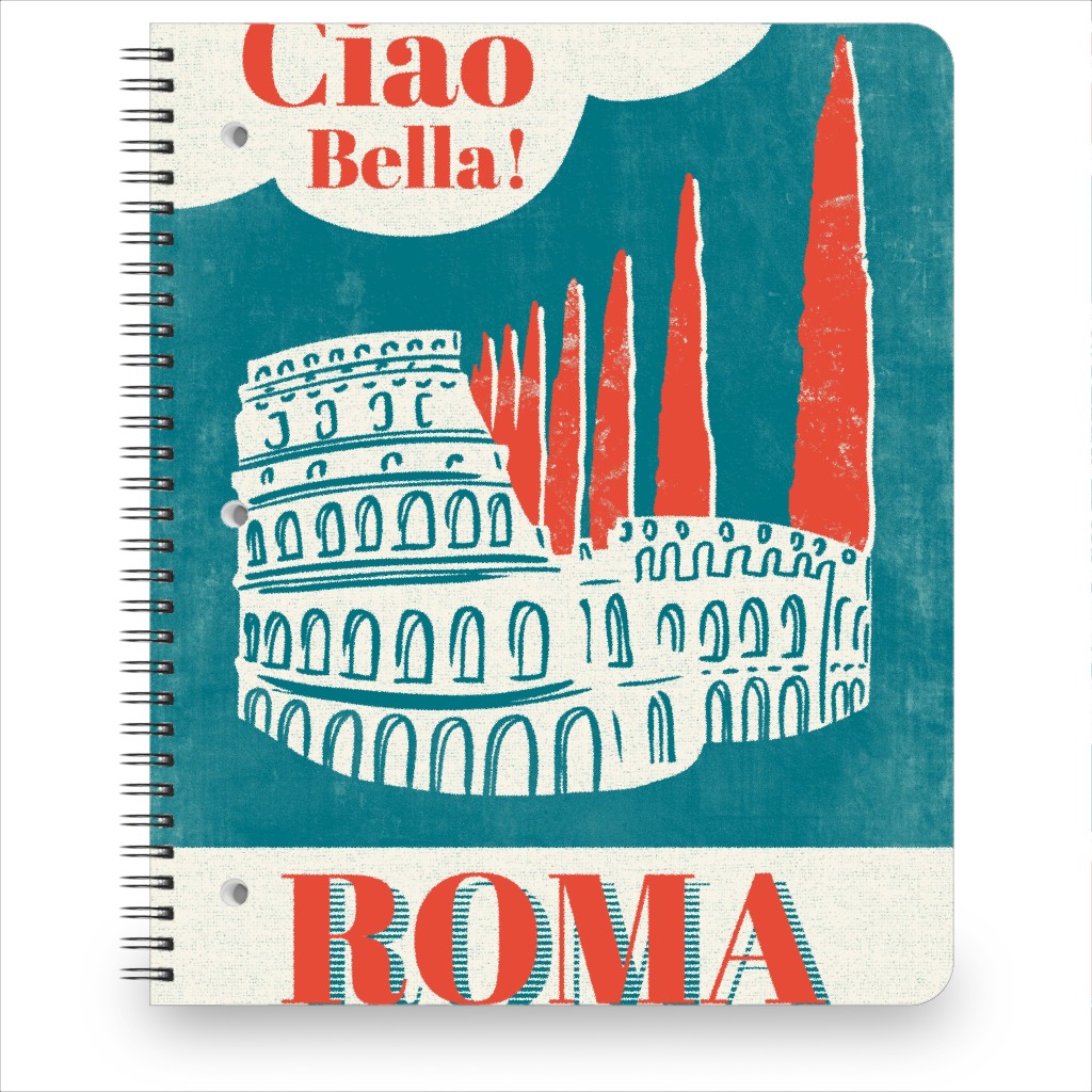 Ciao Bella Roma - Vintage Travel Poster Tea Towel - Turquoise Red Notebook, 8.5x11, Multicolor