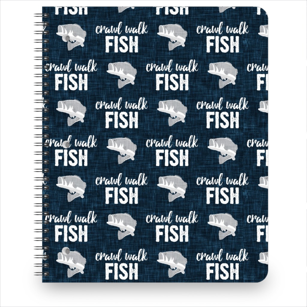 Crawl Walk Fish - Bass Fishing - Navy Blue and Grey Notebook, 8.5x11, Blue