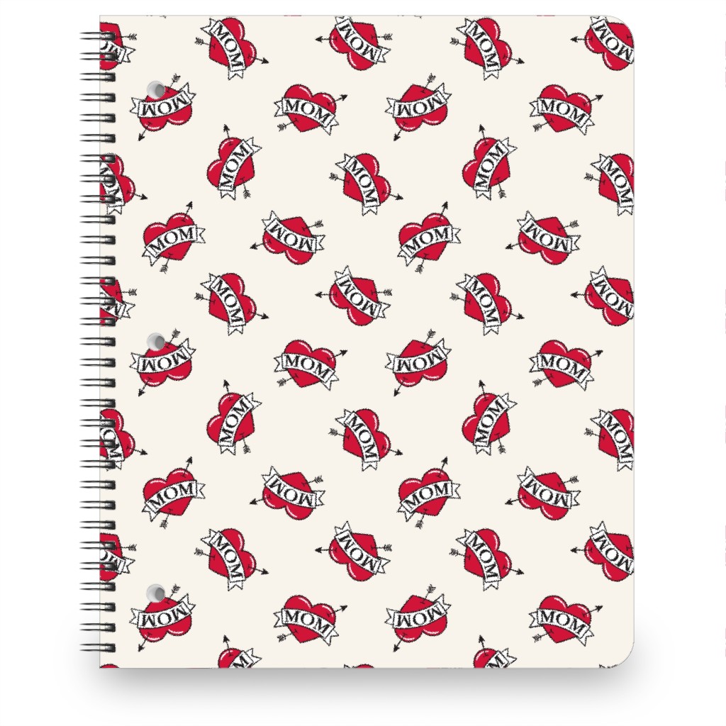 Mom Heart Tattoo - Red on Cream Notebook, 8.5x11, Red, Red