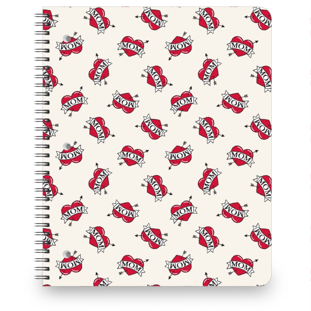 Mom Heart Tattoo - Red on Cream Notebook, 8.5x11, Red