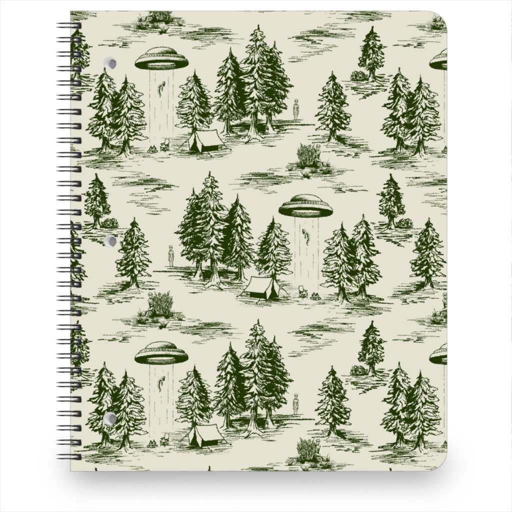 Alien Abduction Toile De Jouy - Forest Green & Cream Notebook, 8.5x11, Green, Classic Green