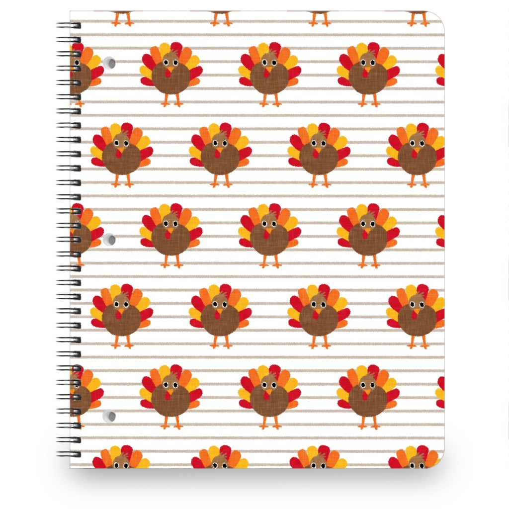 Cute Thanksgiving Turkey - on Khaki Stripes Notebook, 8.5x11, Orange, Orange
