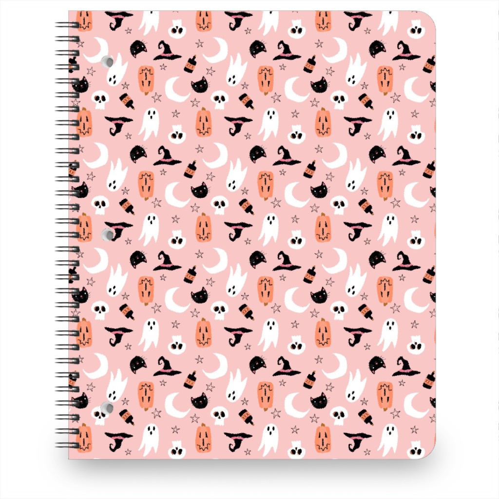 Sweet Halloween - Pumpkin, Witch, Ghost, & Cat - Pink Notebook, 8.5x11, Pink