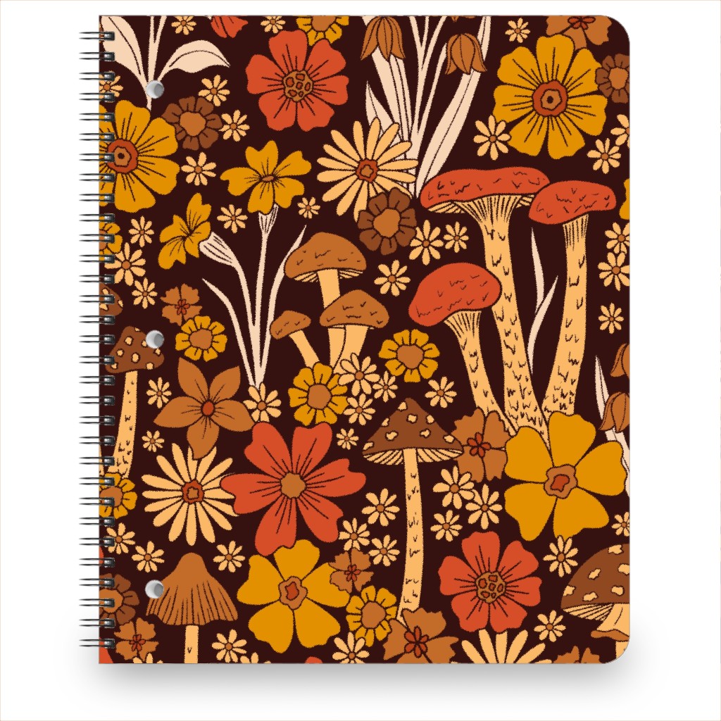 Retro 1970s Mushroom & Flowers - Brown and Orange Notebook, 8.5x11, Orange
