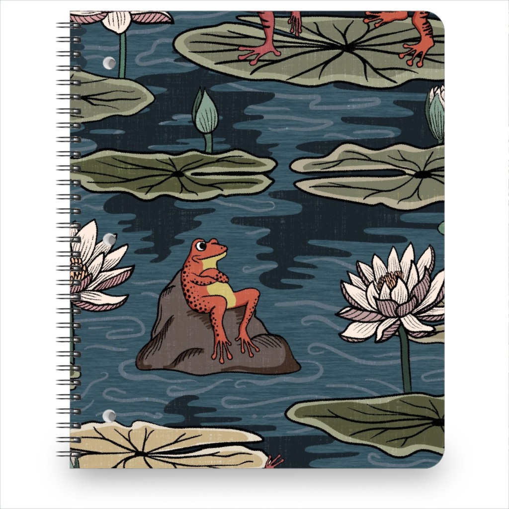 Quirky Frogs Dancing in the Moonlight on Lily Pads Notebook, 8.5x11, Blue