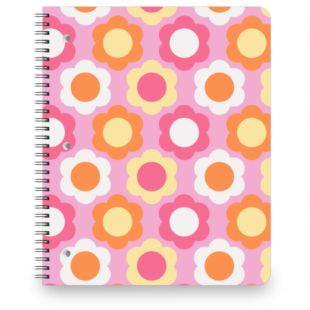 Retro Geometric Flowers - Pink and Orange Notebook, 8.5x11, Pink