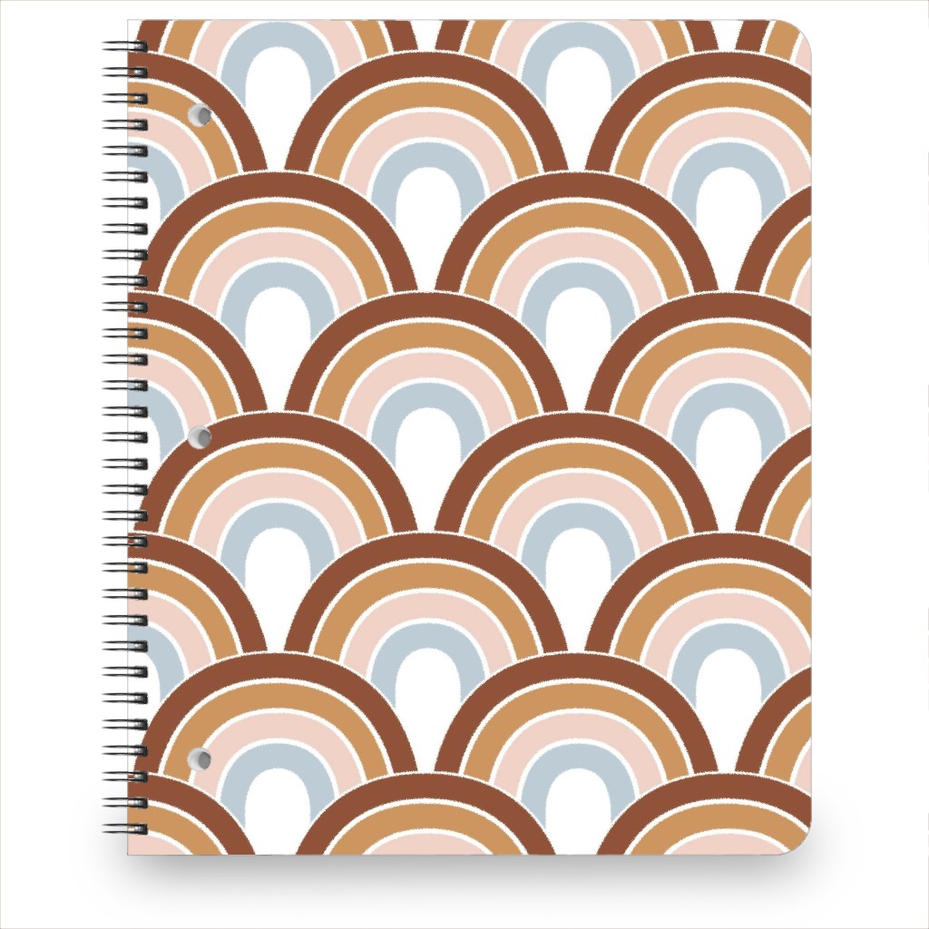 Retro Rainbow Waves - Scales and Curves - Rust Beige Blush Blue on White Notebook, 8.5x11, Orange