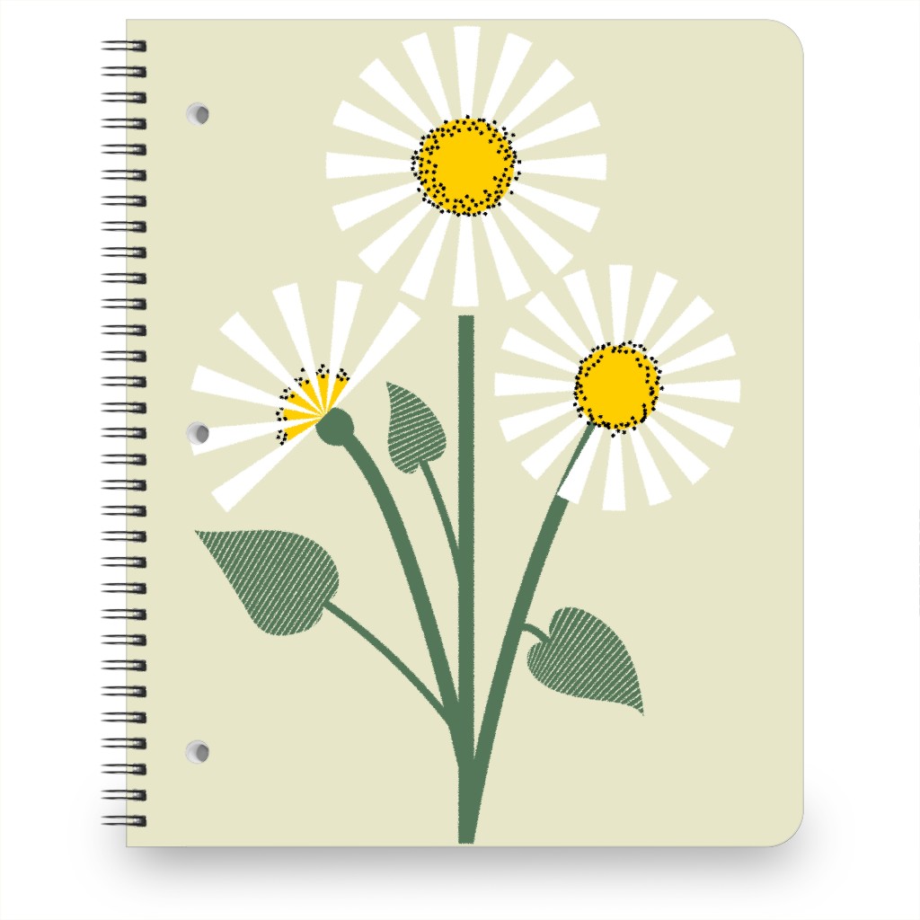 Abstract Daisy Flower - White on Beige Notebook, 8.5x11, Green