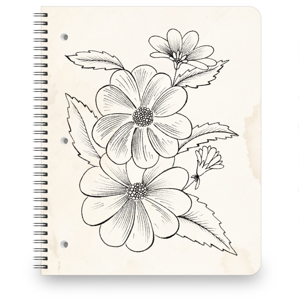 Vintage Flower Sketch - Beige and Black Notebook, 8.5x11, Beige, Pearl