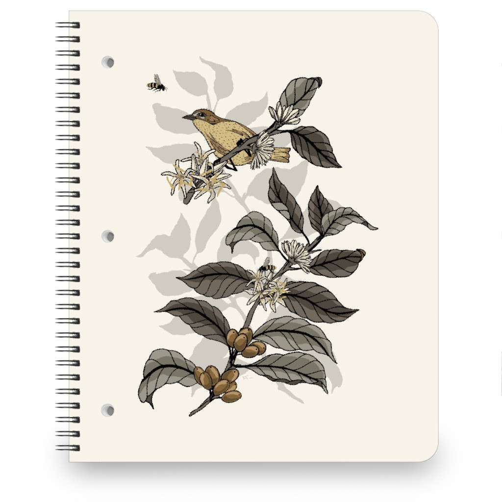 Coffee Plant, Bird, and Bee - Neutral Notebook, 8.5x11, Beige, Pearl